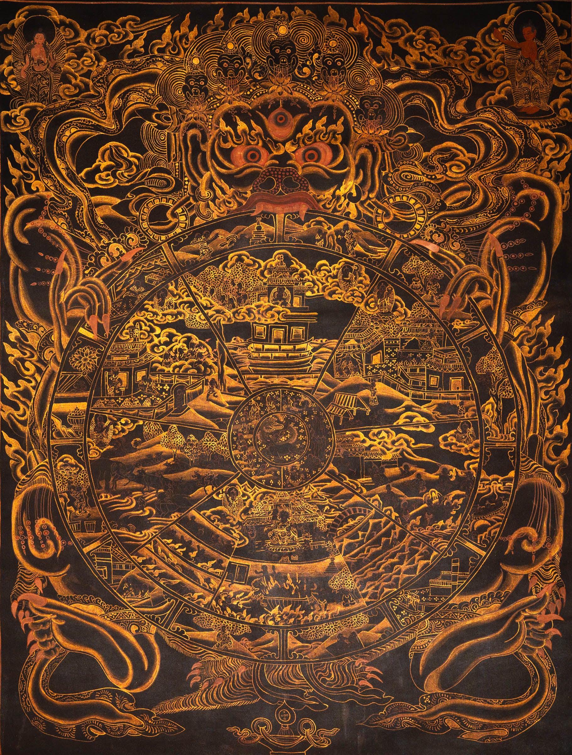 Antique Wheel of Life Thangka - Sacred Tibetan Painting 