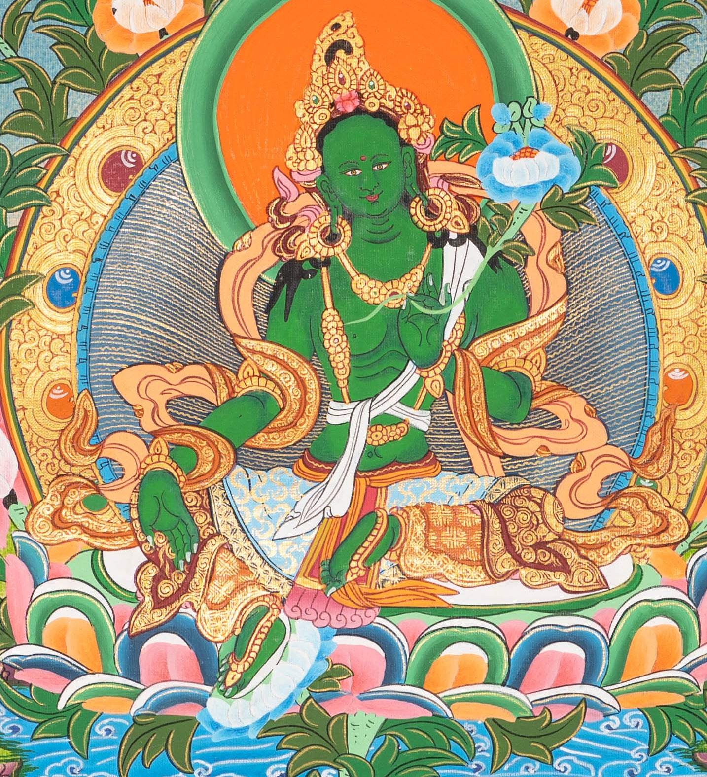 21 tara thangka painting with green tara in central figure