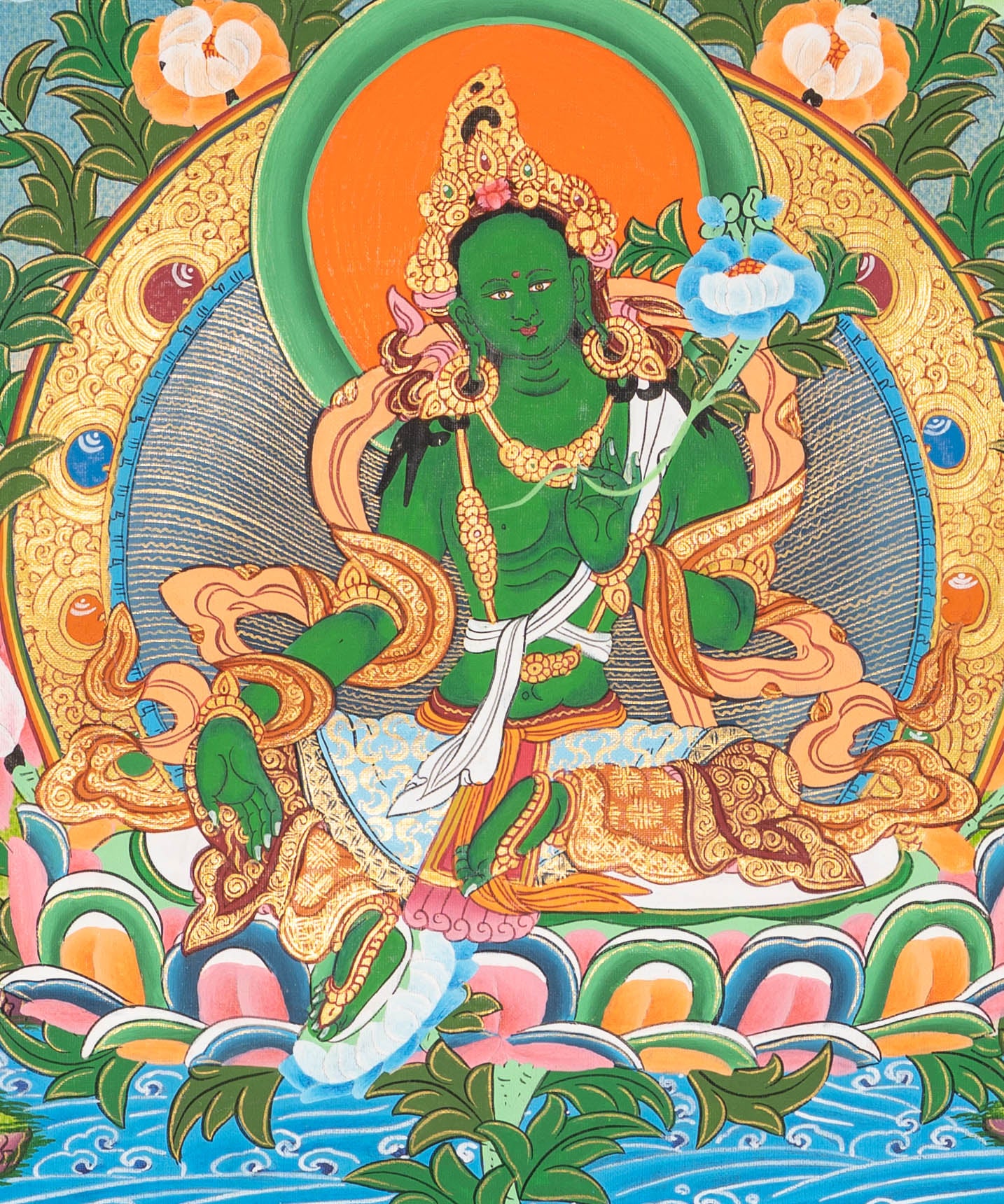21 tara thangka painting with green tara in central figure