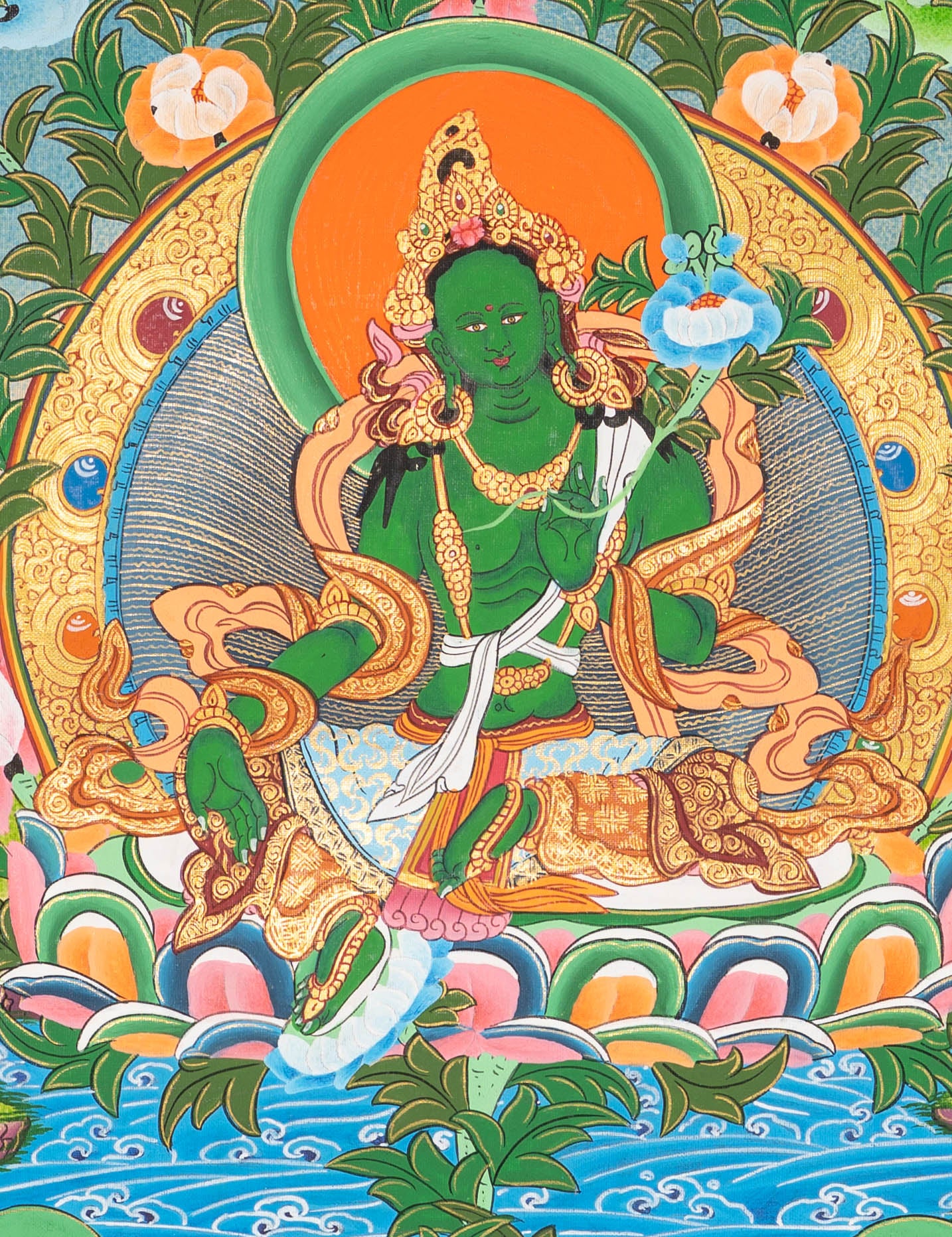 21 tara thangka painting with green tara in central figure