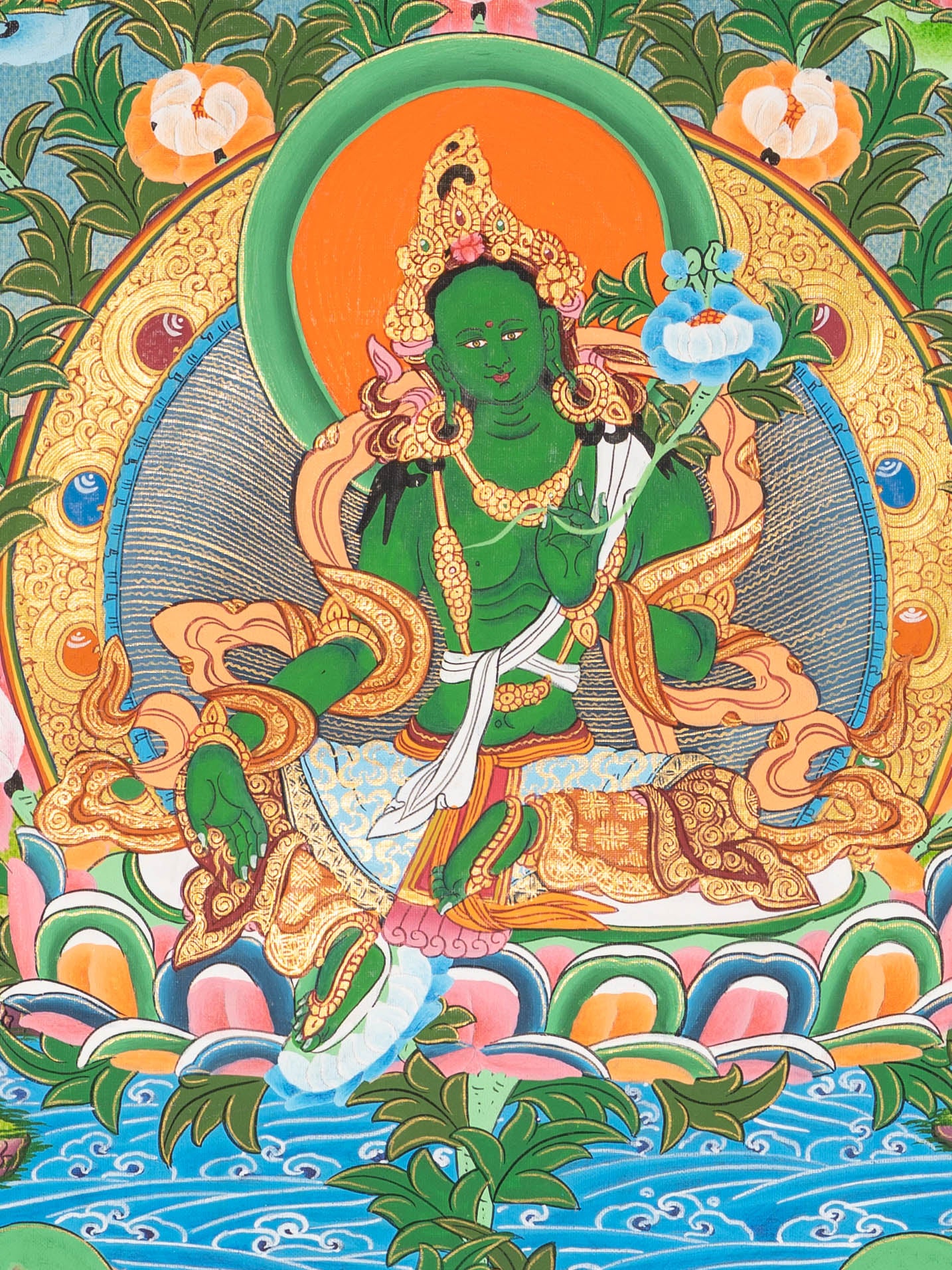 21 tara thangka painting with green tara in central figure