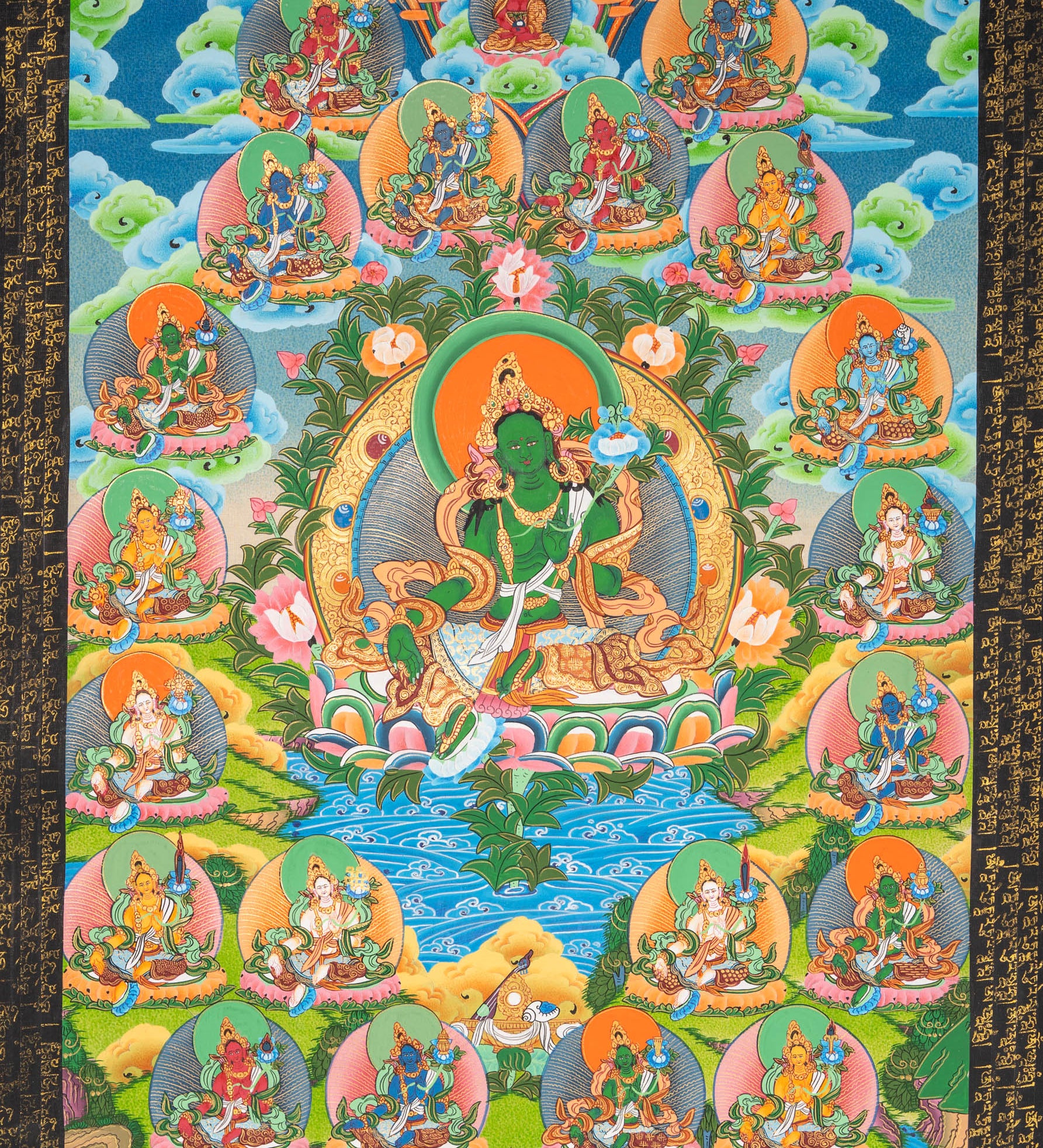 21 tara thangka painting with green tara in central figure