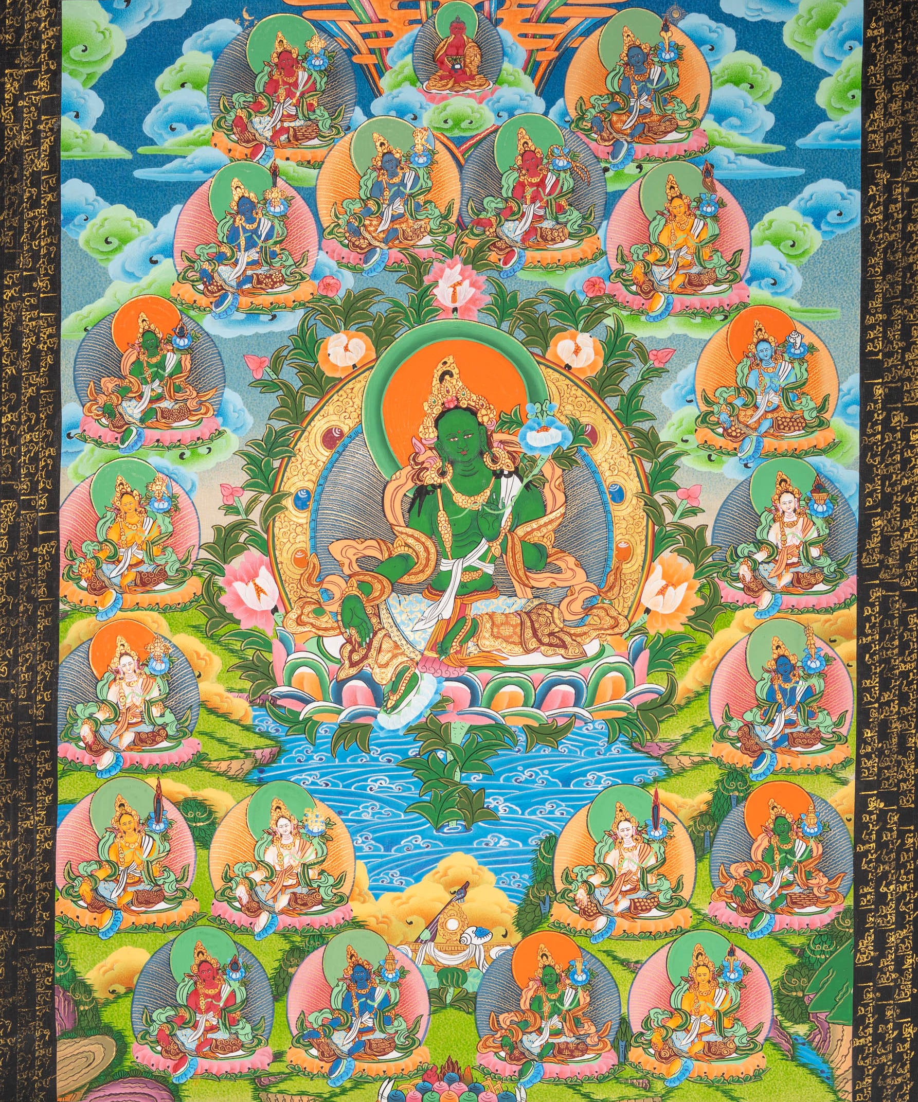 21 tara thangka painting with green tara in central figure