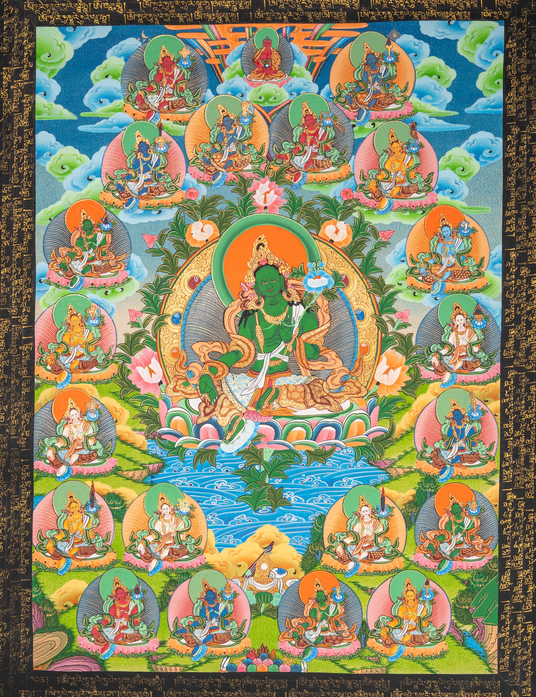 21 tara thangka painting with green tara in central figure
