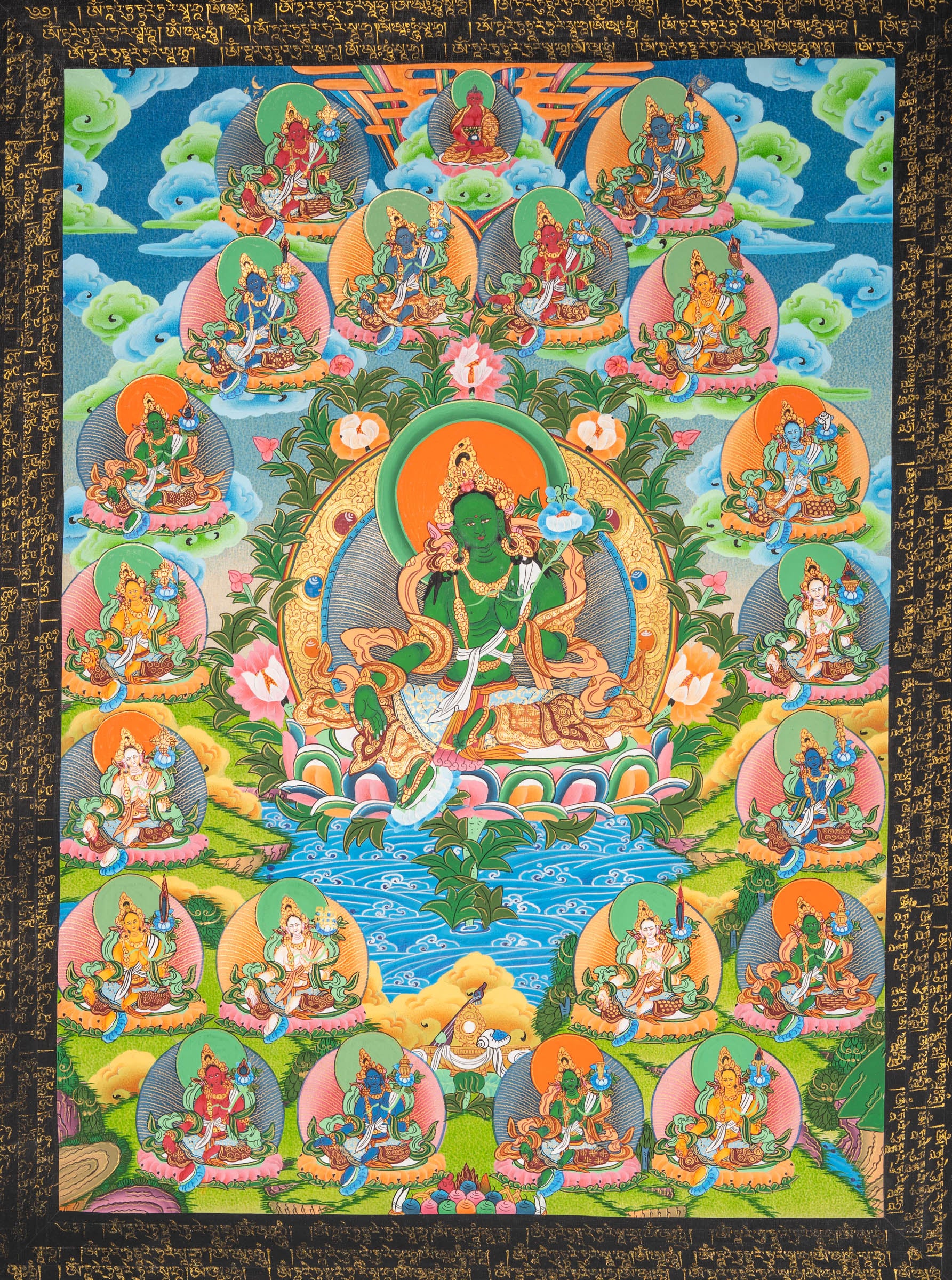 21 tara thangka painting with green tara in central figure