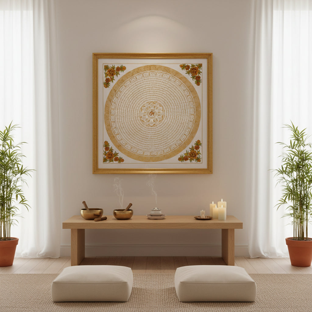 Thangka painting of a white and gold Mandala
