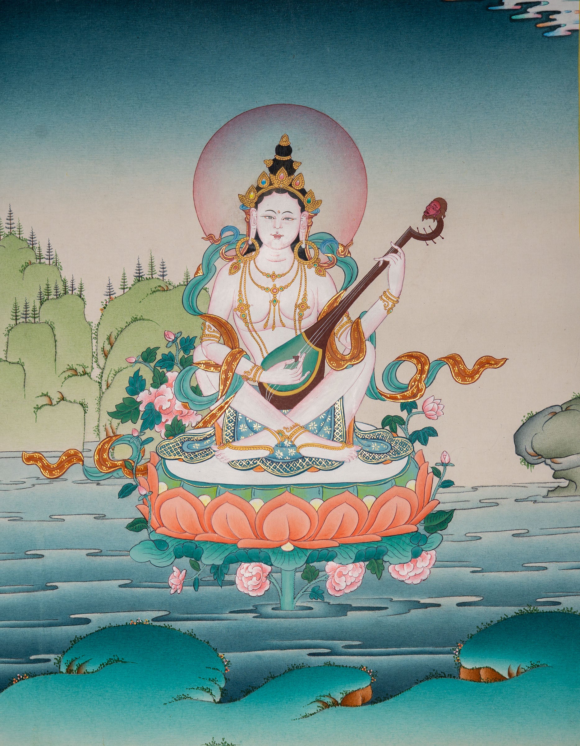 Saraswati Thangka - Sacred Painting  