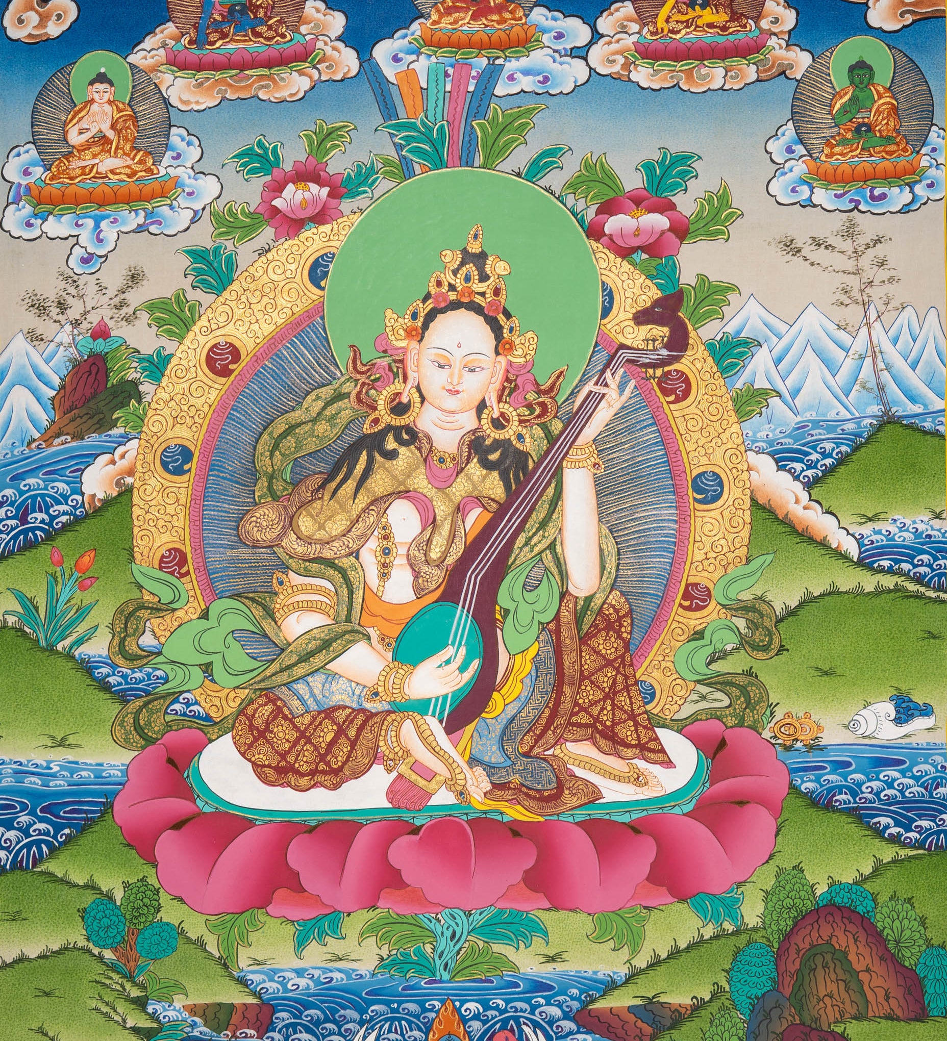 Saraswati Thangka Painting - Handpainted Art