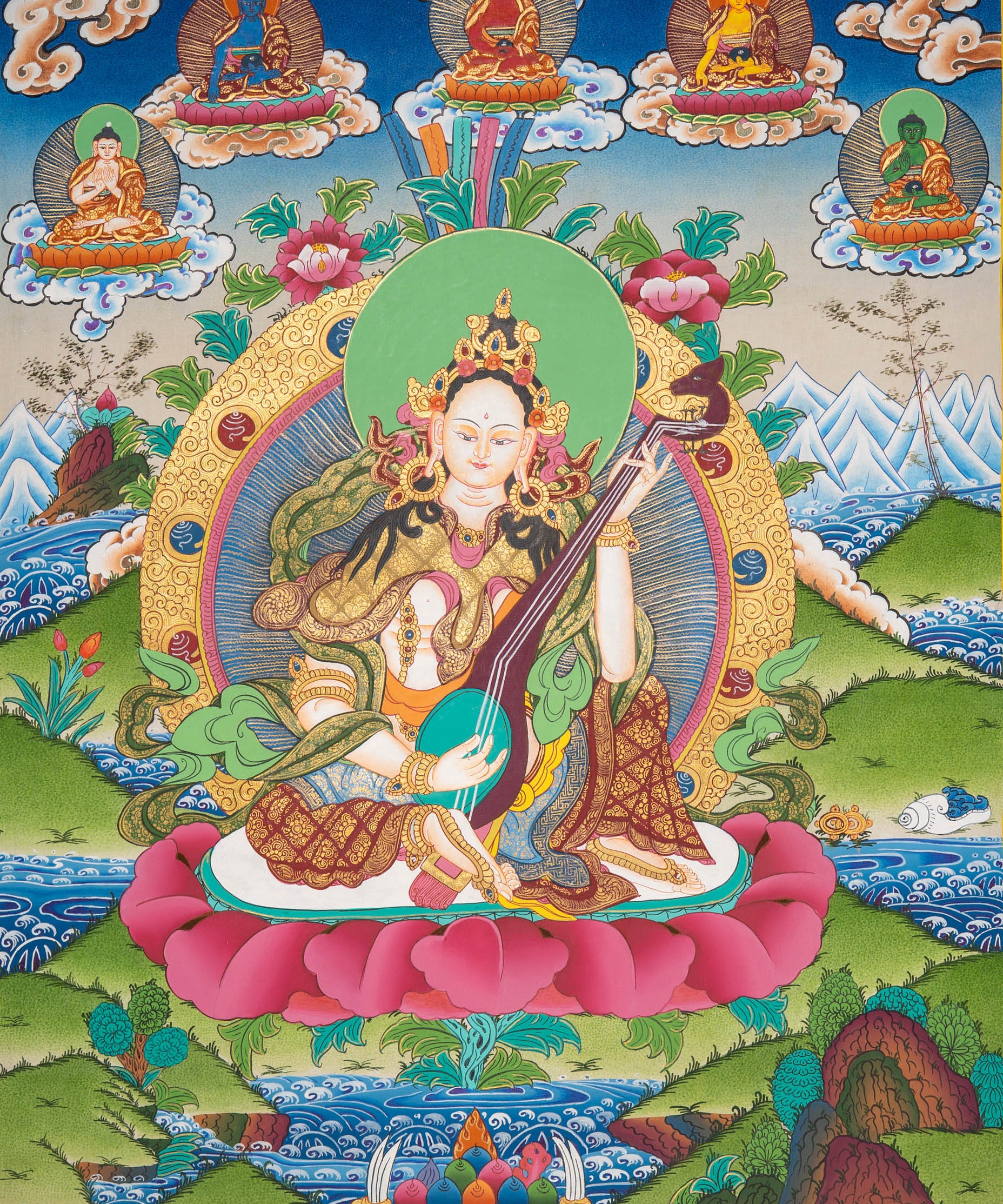 Saraswati Thangka Painting - Handpainted Art