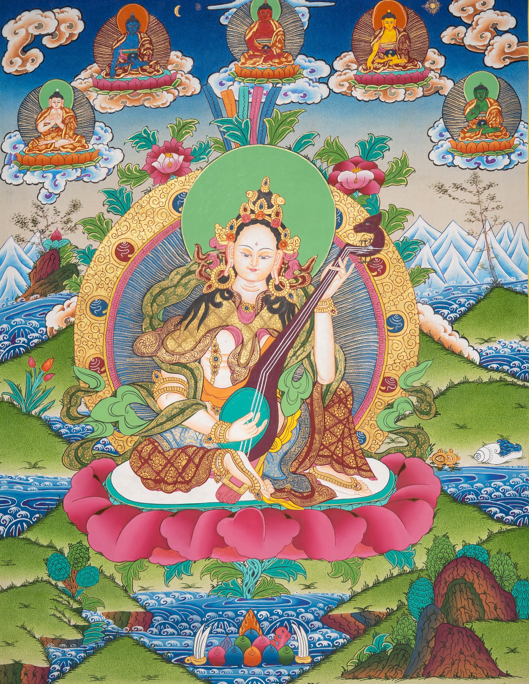 Saraswati Thangka Painting - Handpainted Art