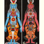 Two colorful illustrations of 7 chakra human figures painted on a thangka cotton base