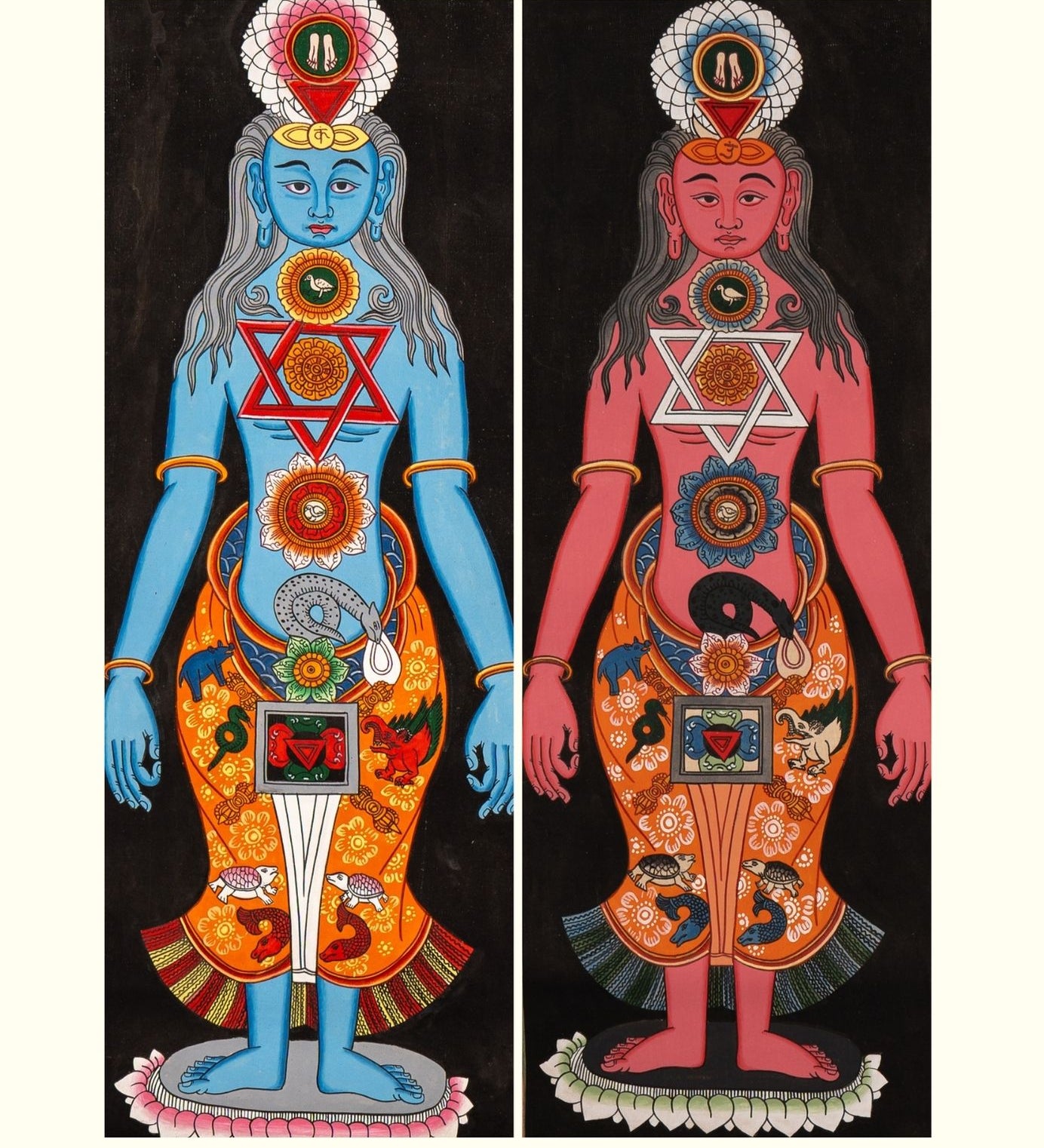 Two colorful illustrations of 7 chakra human figures painted on a thangka cotton base