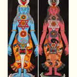 Two colorful illustrations of 7 chakra human figures painted on a thangka cotton base