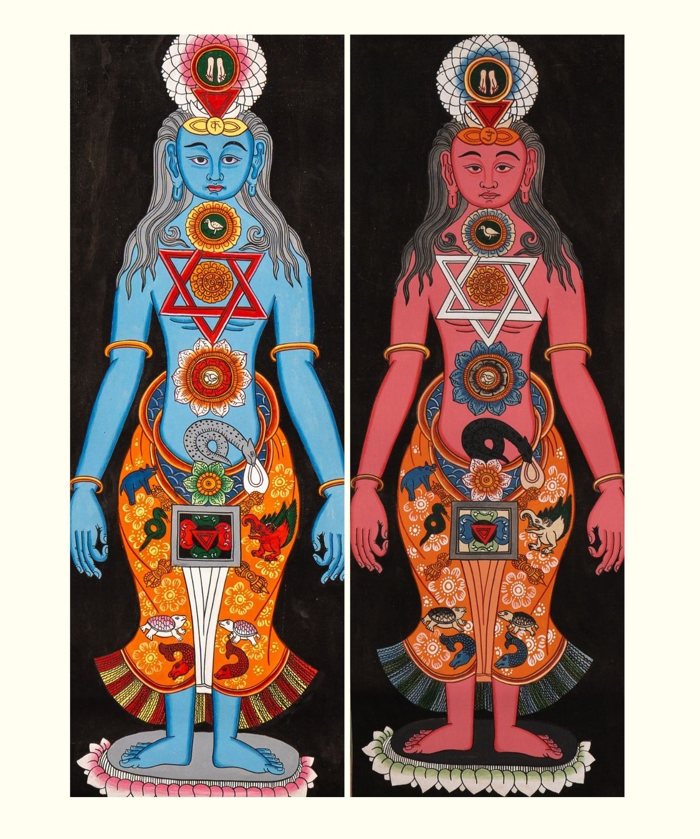 Two colorful illustrations of 7 chakra human figures painted on a thangka cotton base