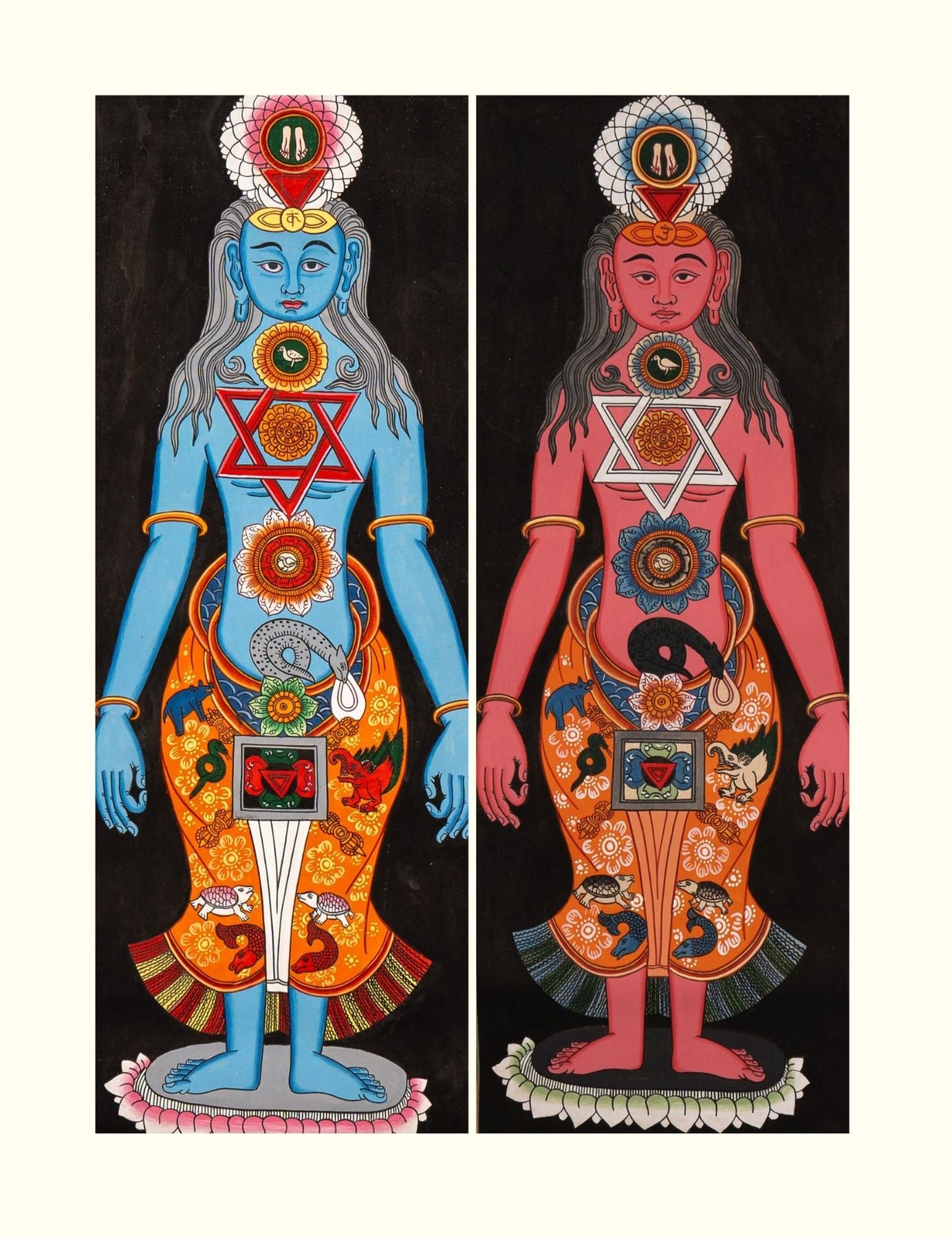 Two colorful illustrations of 7 chakra human figures painted on a thangka cotton base