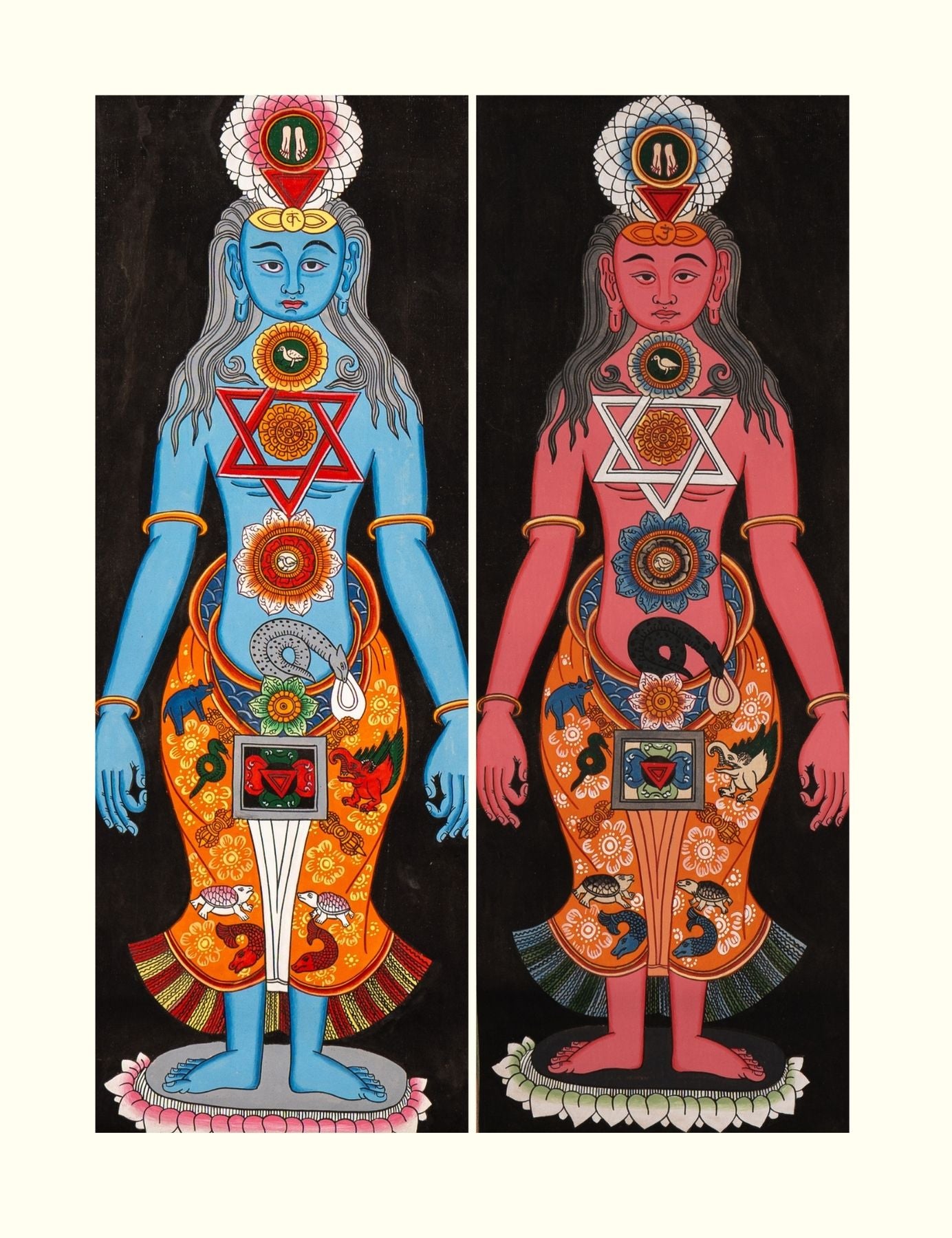 Two colorful illustrations of 7 chakra human figures painted on a thangka cotton base