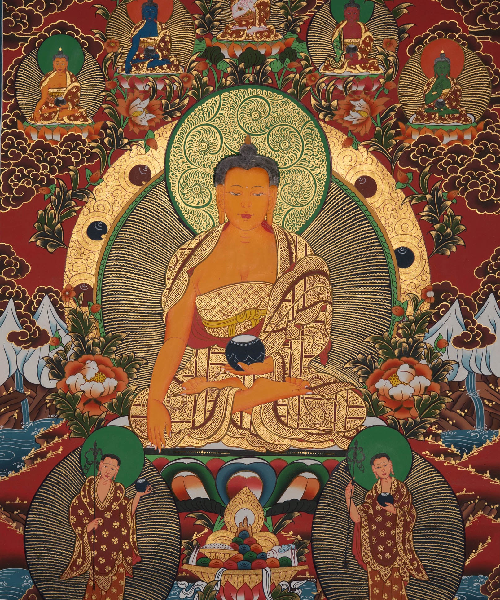 Shakyamuni Buddha with 5 Dhyani Buddhas - Tibetan Art