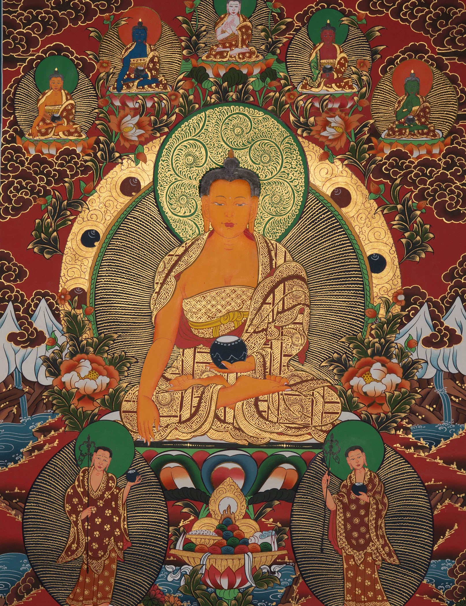 Shakyamuni Buddha with 5 Dhyani Buddhas - Tibetan Art