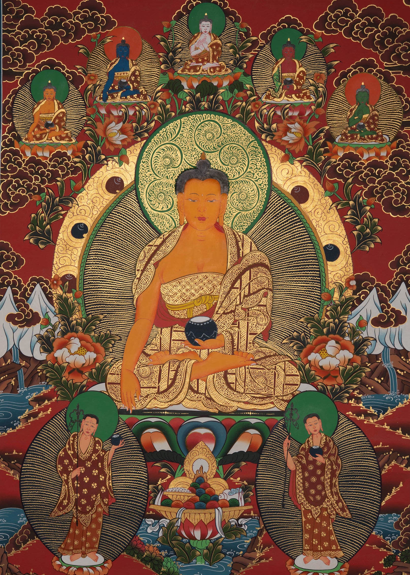 Shakyamuni Buddha with 5 Dhyani Buddhas - Tibetan Art