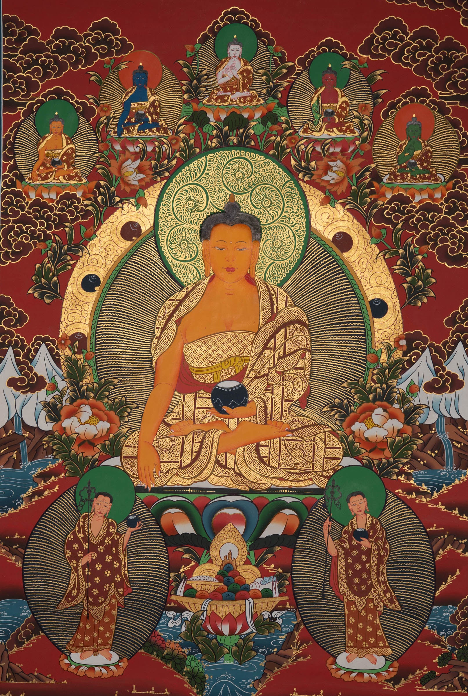 Shakyamuni Buddha with 5 Dhyani Buddhas - Tibetan Art