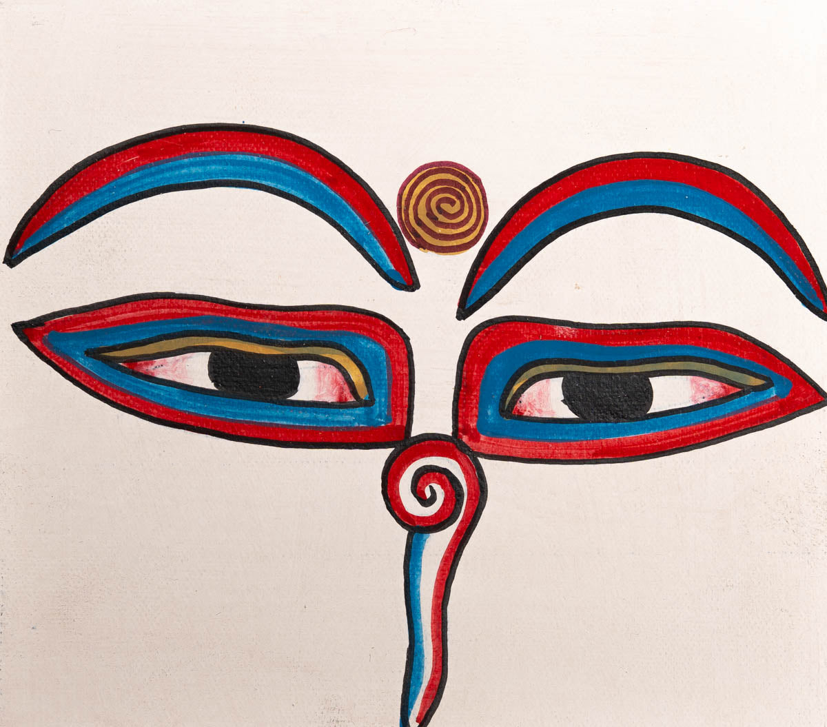 Hand-painted sacred eyes spiral symbols on the forehead and nose, representing wisdom and spiritual awareness.