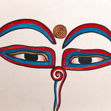 Hand-painted sacred eyes spiral symbols on the forehead and nose, representing wisdom and spiritual awareness.