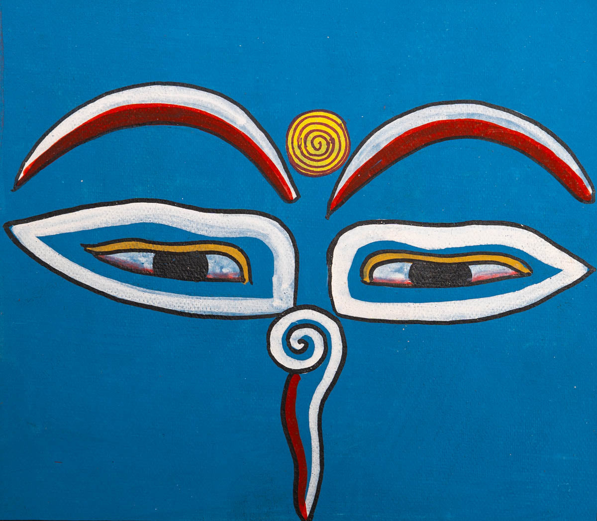 Hand-painted sacred eyes spiral symbols on the forehead and nose, representing wisdom and spiritual awareness.