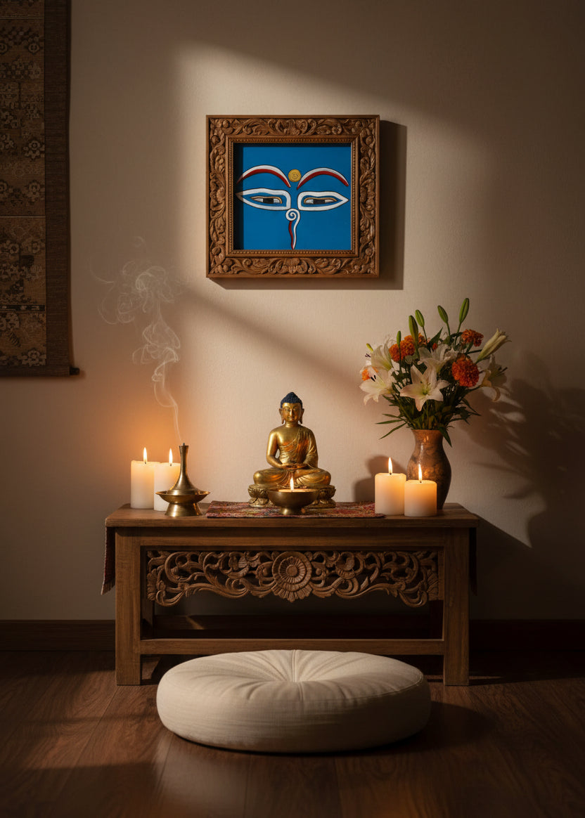 Hand-painted sacred eyes spiral symbols on the forehead and nose, representing wisdom and spiritual awareness.