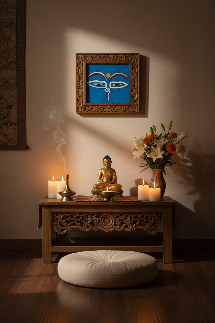 Hand-painted sacred eyes spiral symbols on the forehead and nose, representing wisdom and spiritual awareness.