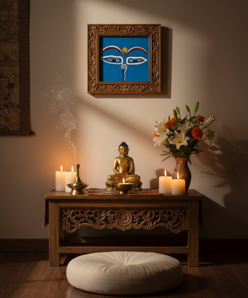 Hand-painted sacred eyes spiral symbols on the forehead and nose, representing wisdom and spiritual awareness.