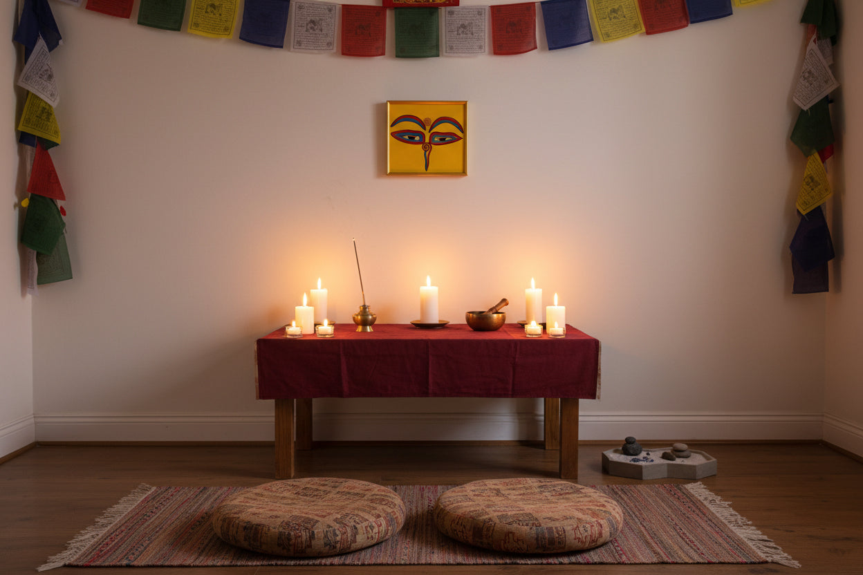 Hand-painted sacred eyes spiral symbols on the forehead and nose, representing wisdom and spiritual awareness.