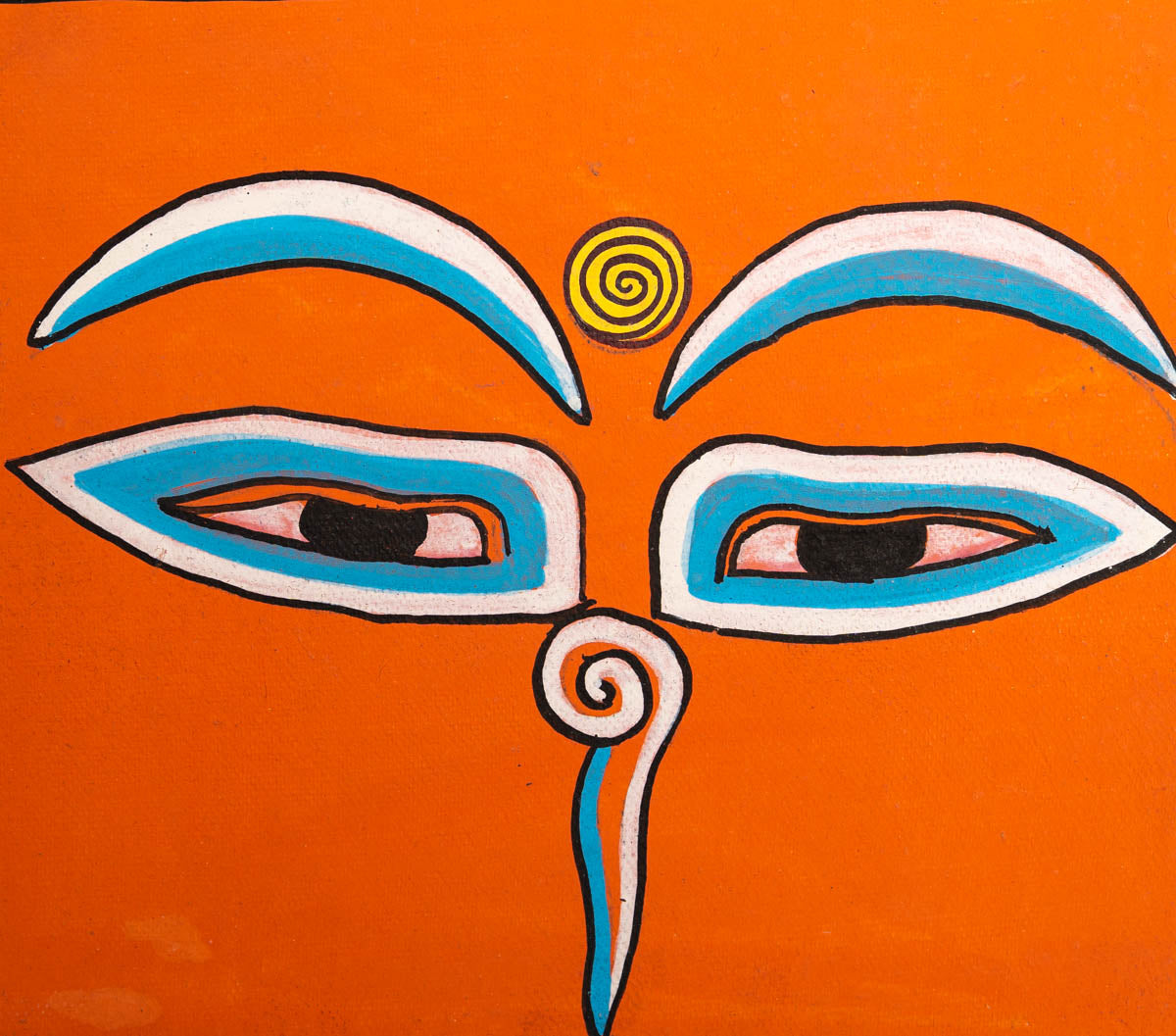 Hand-painted sacred eyes spiral symbols on the forehead and nose, representing wisdom and spiritual awareness.