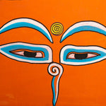 Hand-painted sacred eyes spiral symbols on the forehead and nose, representing wisdom and spiritual awareness.