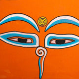 Hand-painted sacred eyes spiral symbols on the forehead and nose, representing wisdom and spiritual awareness.