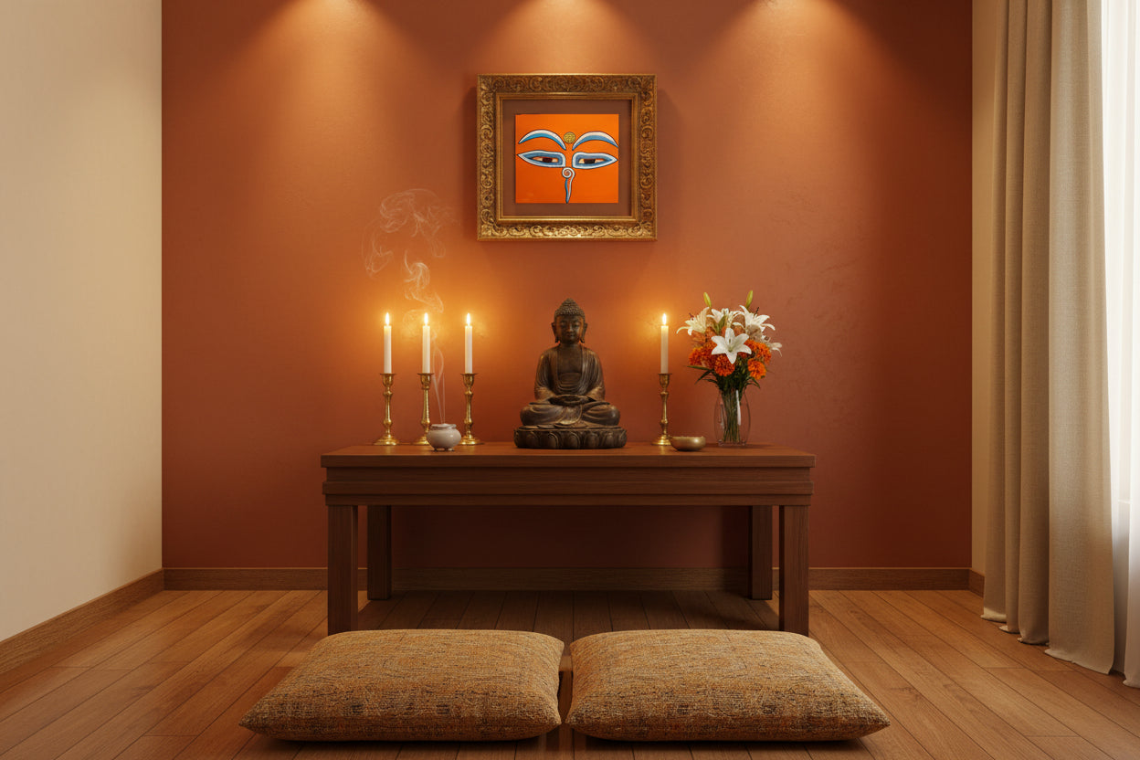Hand-painted sacred eyes spiral symbols on the forehead and nose, representing wisdom and spiritual awareness.