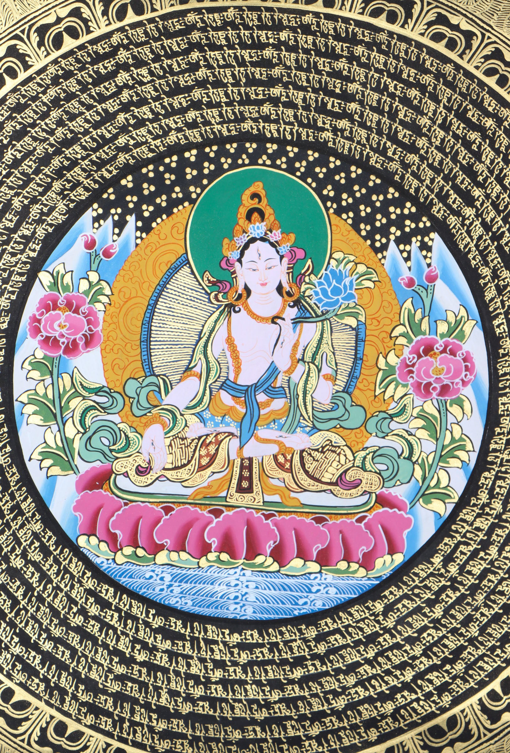 White Tara Mandala Thangka for spiritual practices and mini altar.