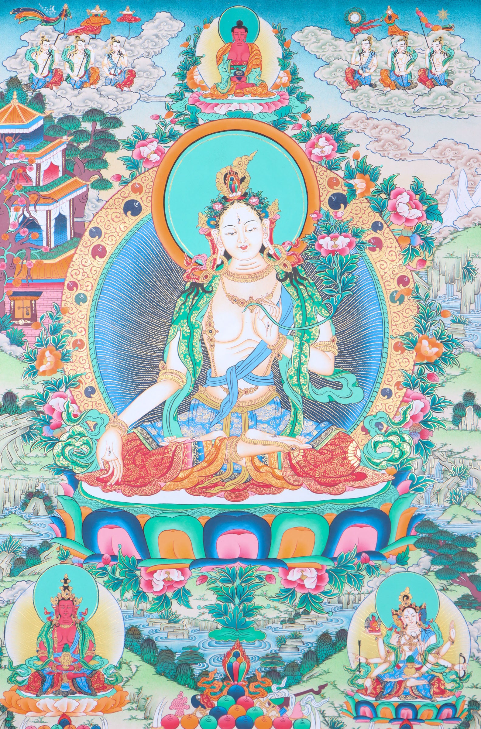 White Tara Thangka for meditation and wall decor.