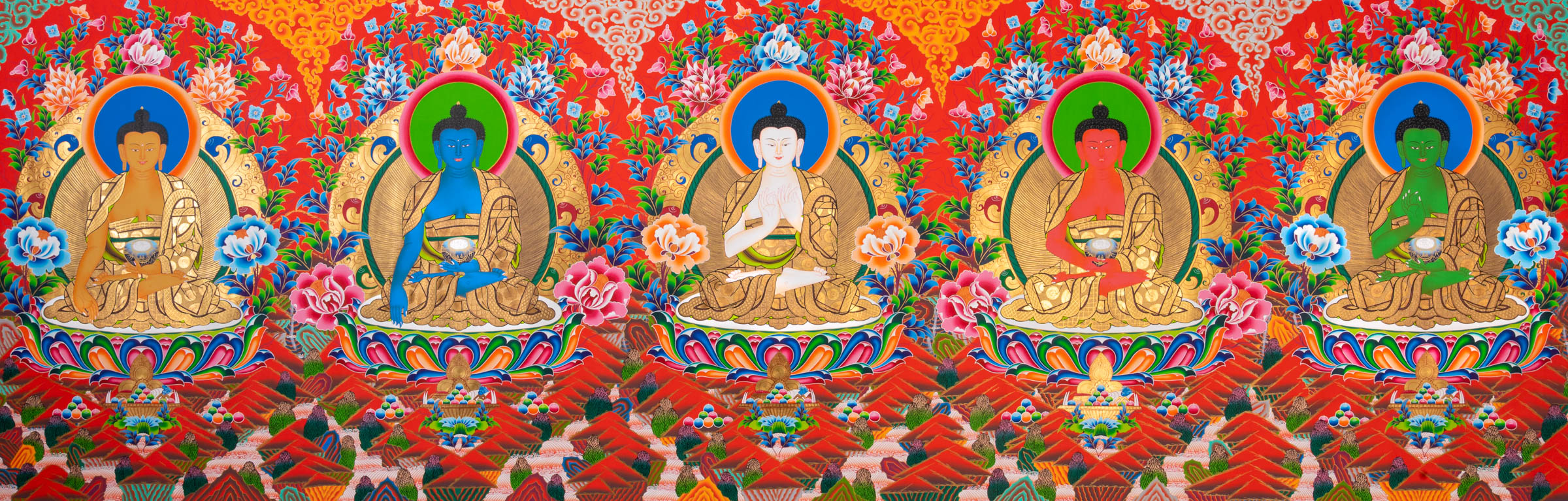 Five Dhyani Buddhas Thangka - Sacred Tibetan Painting