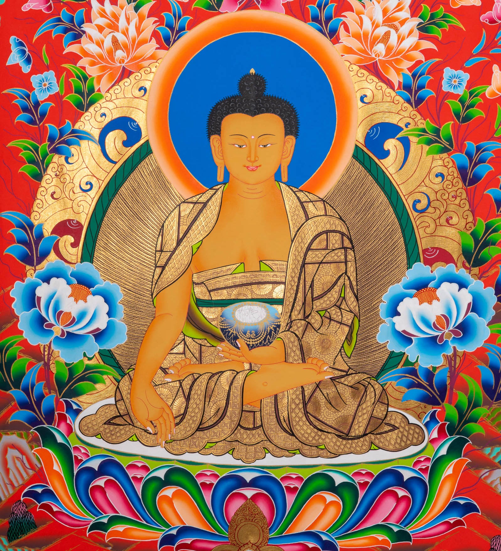 Five Dhyani Buddhas Thangka - Sacred Tibetan Painting