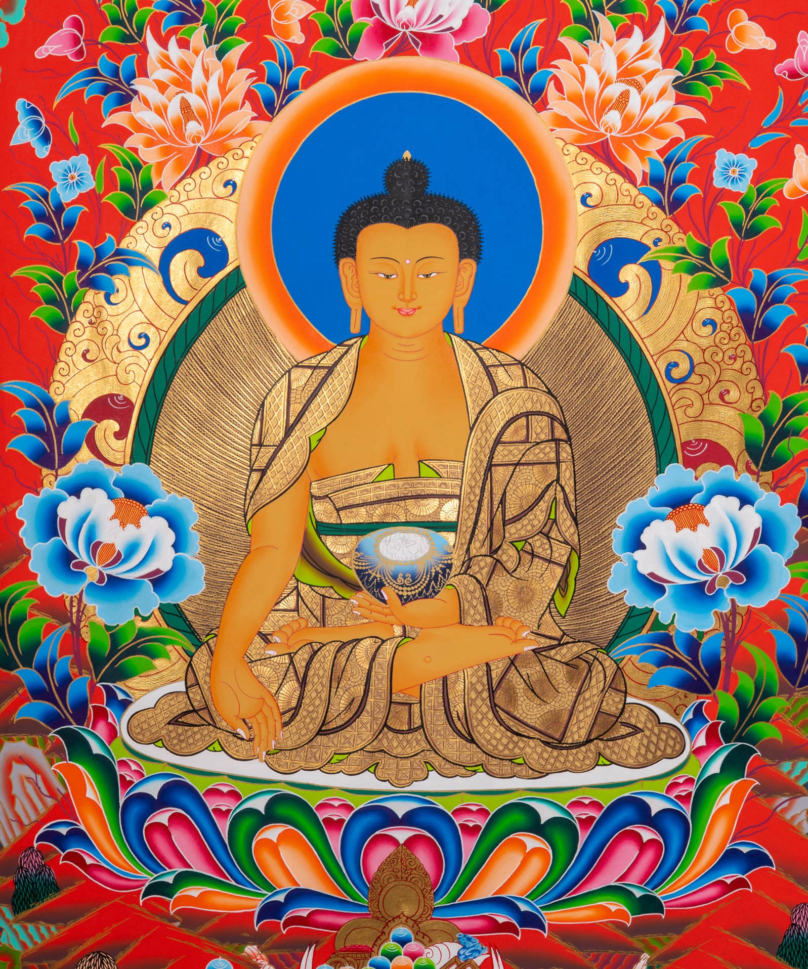 Five Dhyani Buddhas Thangka - Sacred Tibetan Painting