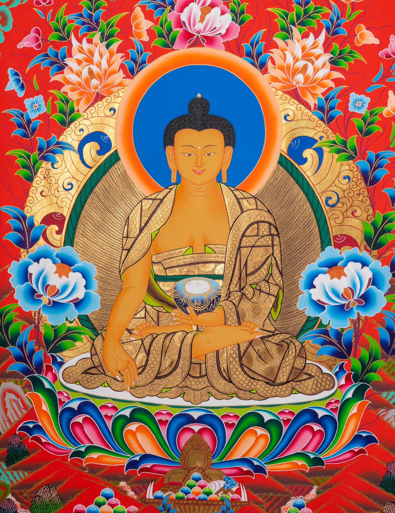 Five Dhyani Buddhas Thangka - Sacred Tibetan Painting