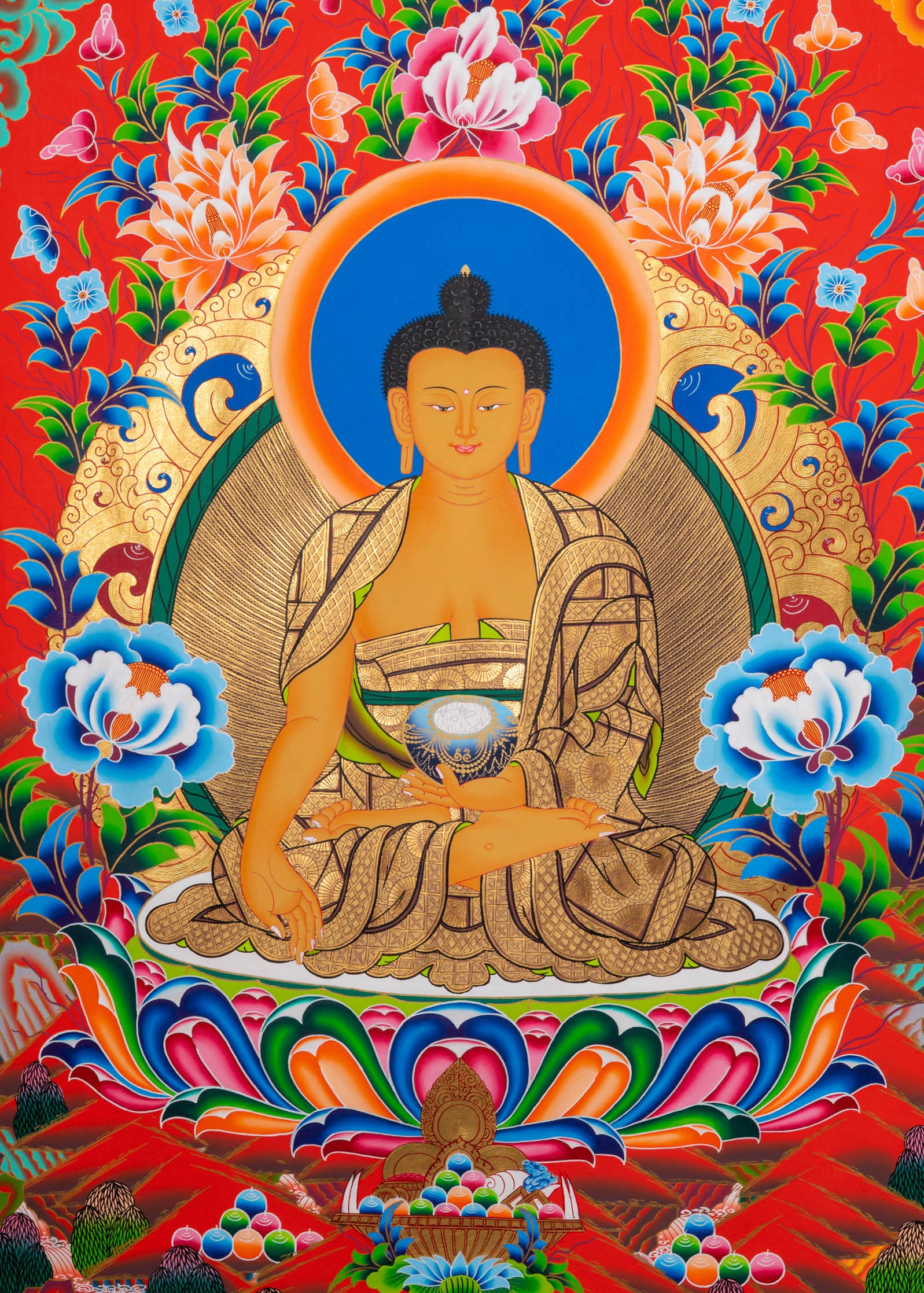 Five Dhyani Buddhas Thangka - Sacred Tibetan Painting