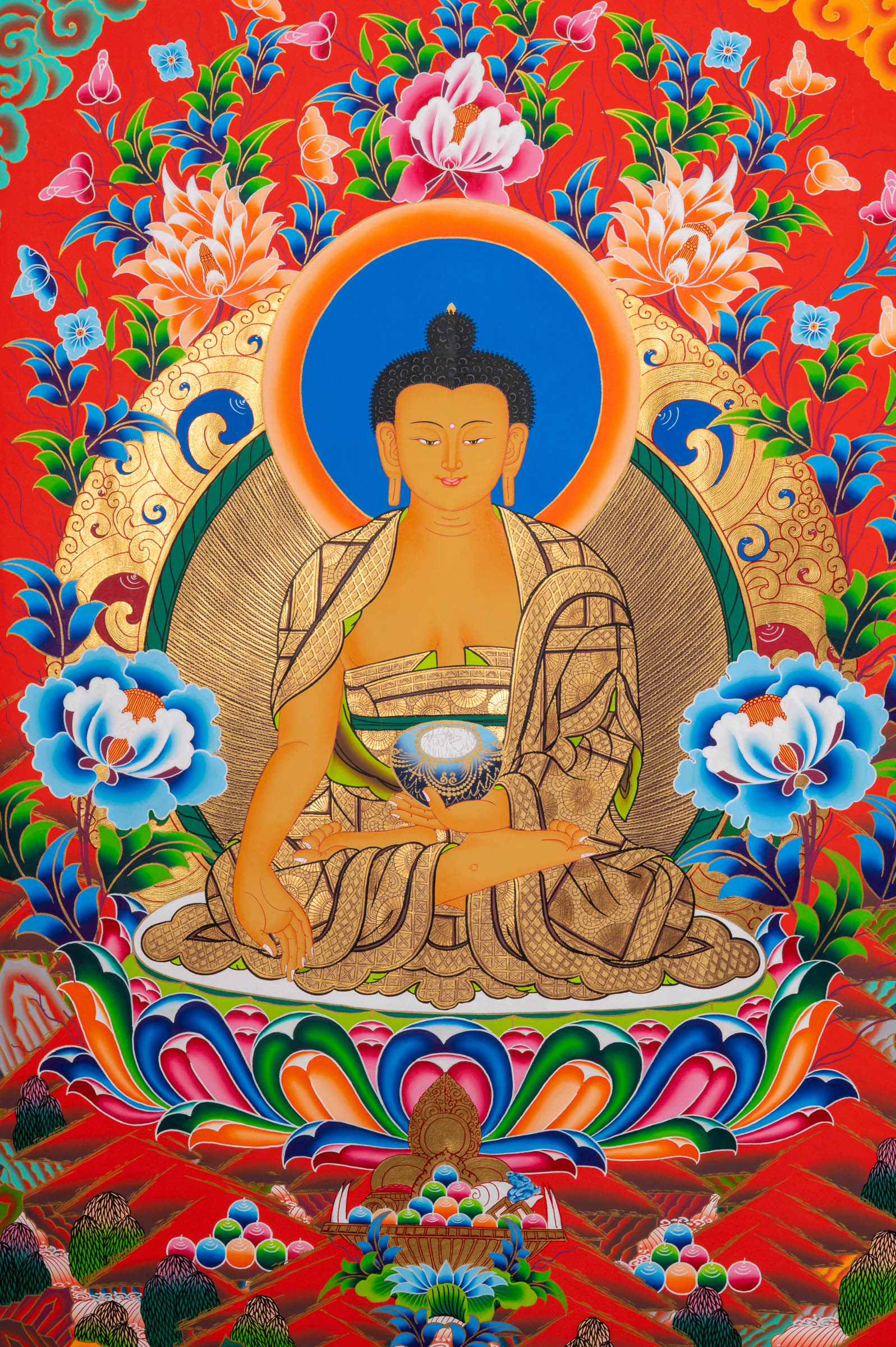 Five Dhyani Buddhas Thangka - Sacred Tibetan Painting