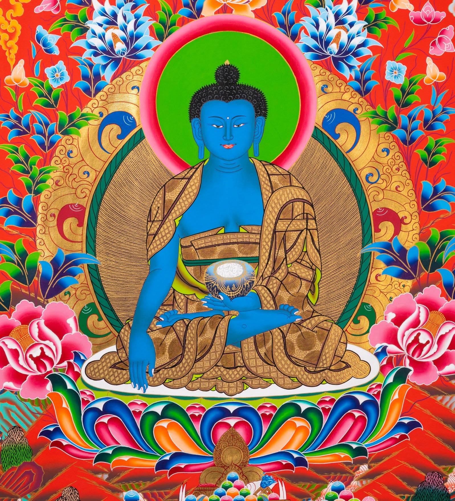 Five Dhyani Buddhas Thangka - Sacred Tibetan Painting