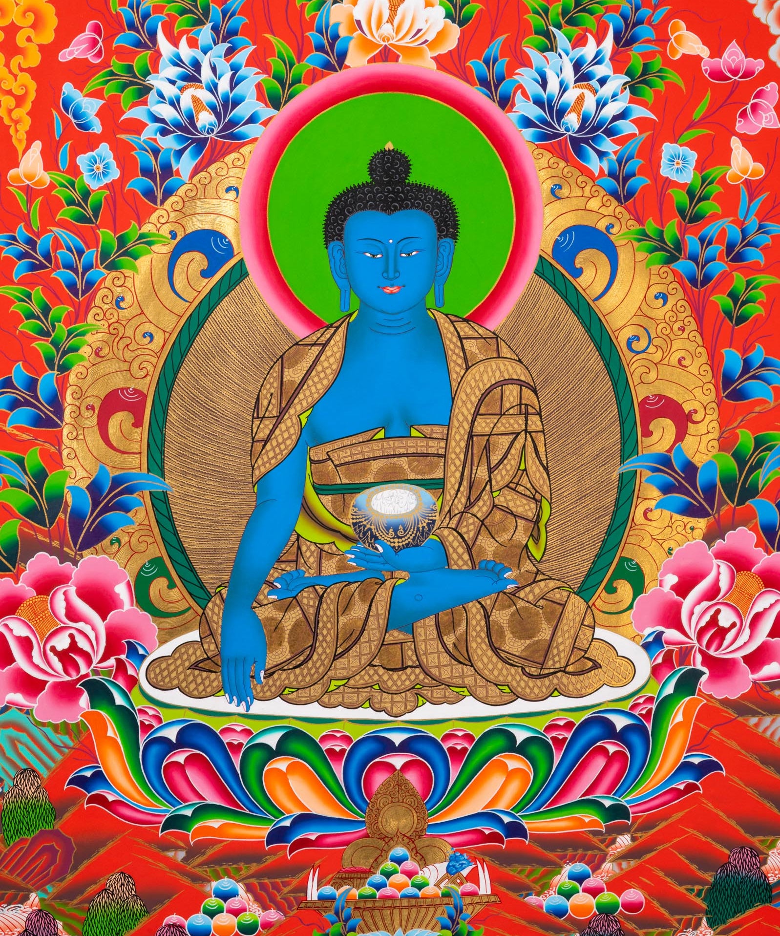 Five Dhyani Buddhas Thangka - Sacred Tibetan Painting