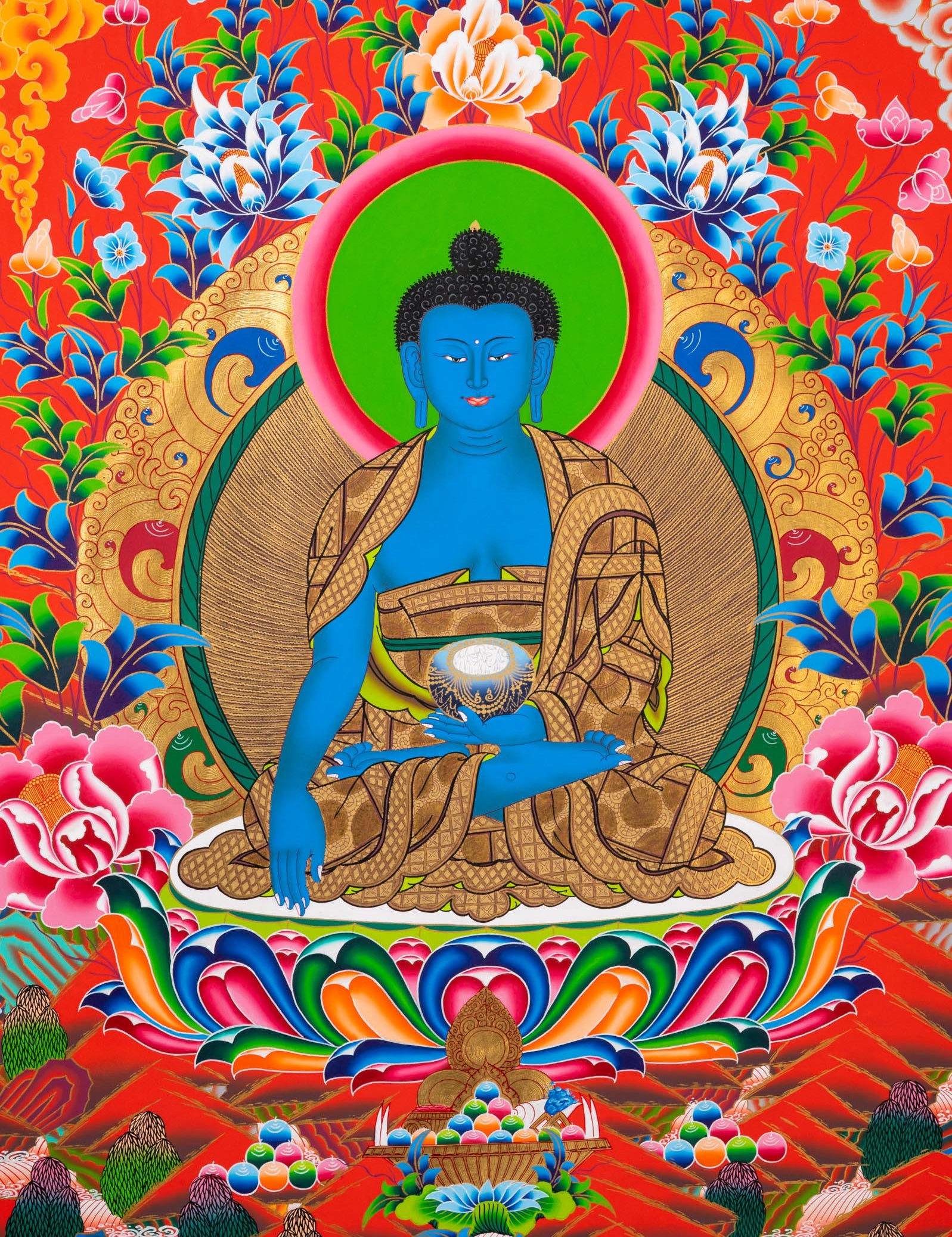 Five Dhyani Buddhas Thangka - Sacred Tibetan Painting