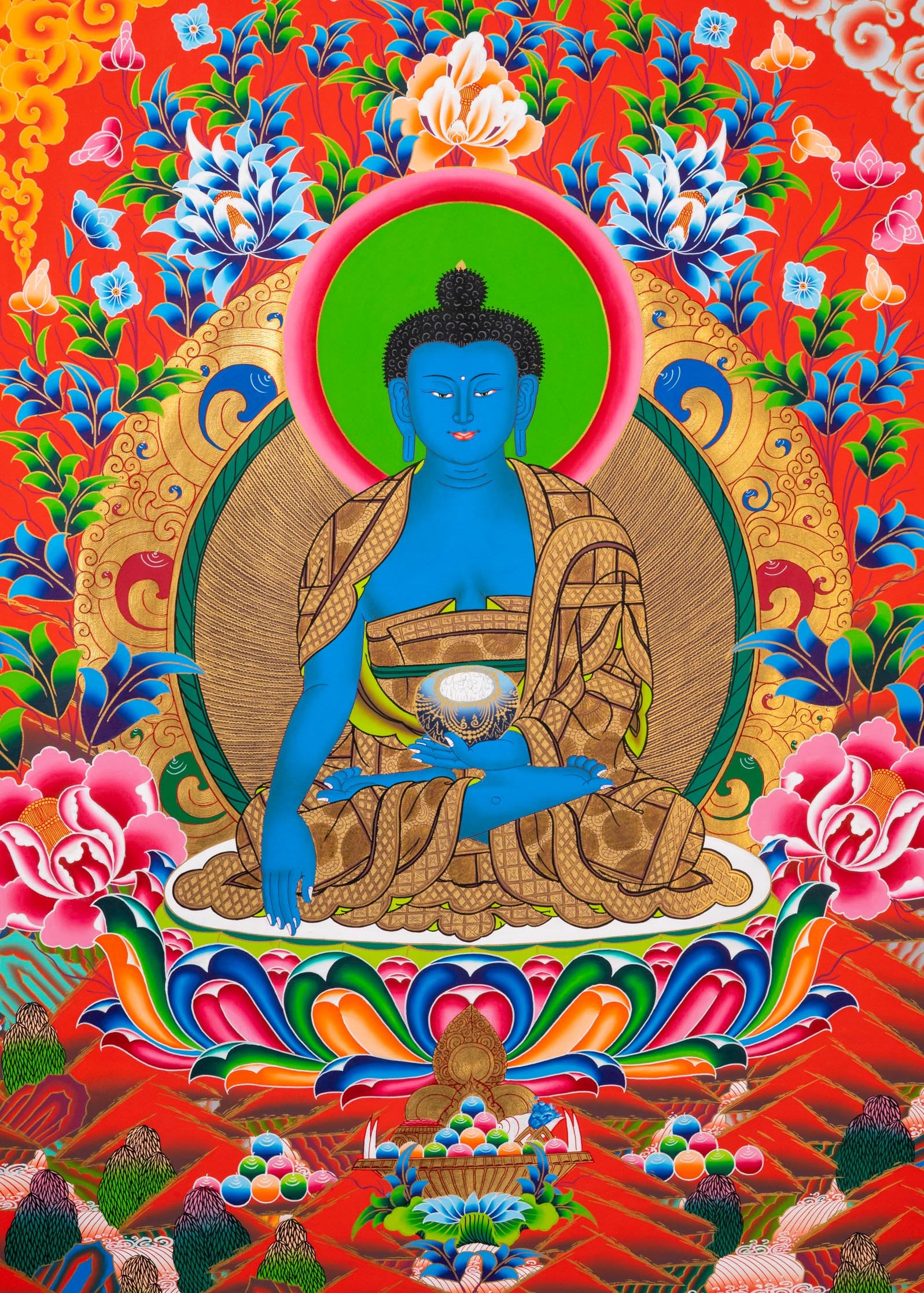 Five Dhyani Buddhas Thangka - Sacred Tibetan Painting
