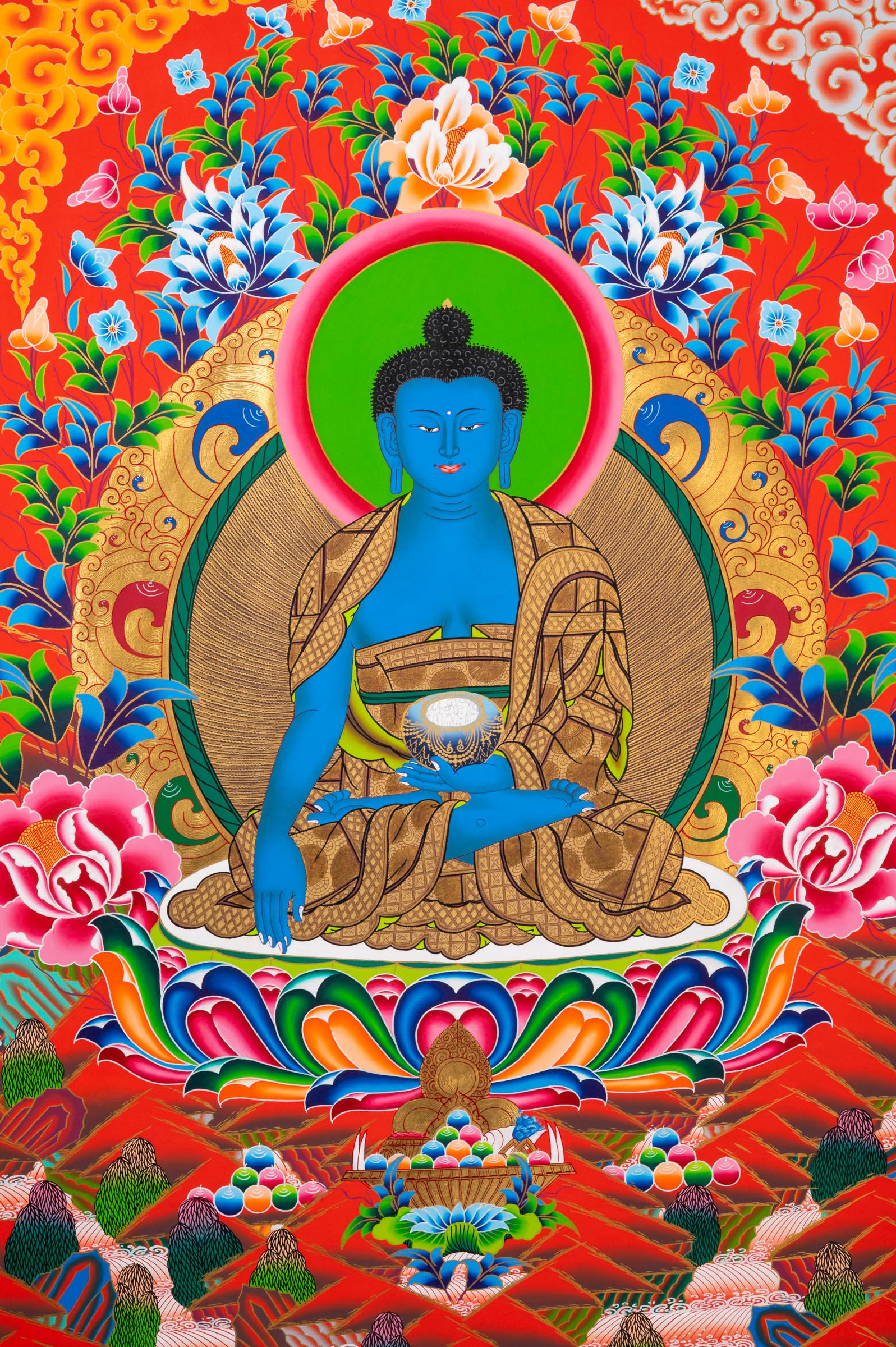 Five Dhyani Buddhas Thangka - Sacred Tibetan Painting