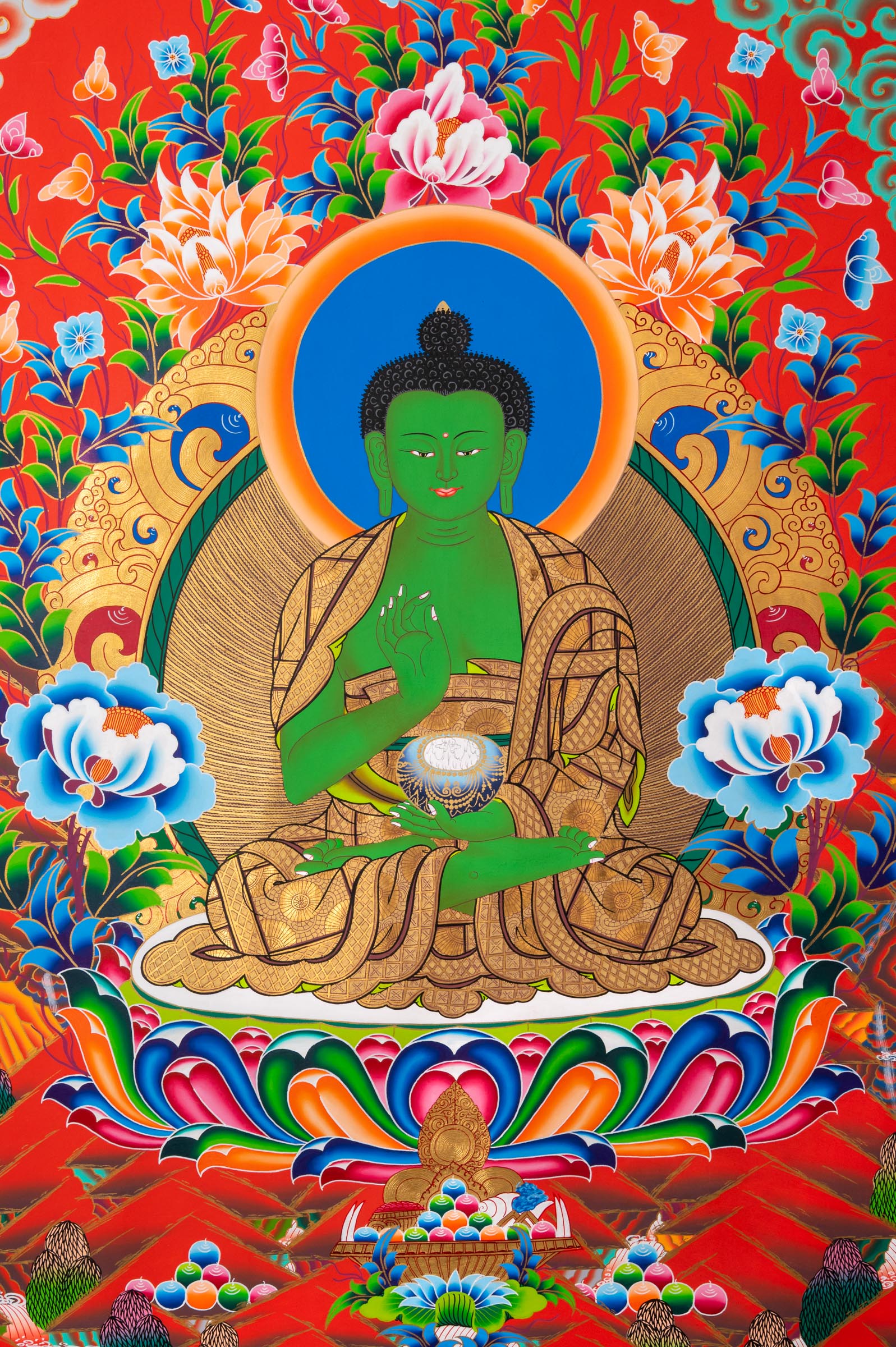 Five Dhyani Buddhas Thangka - Sacred Tibetan Painting