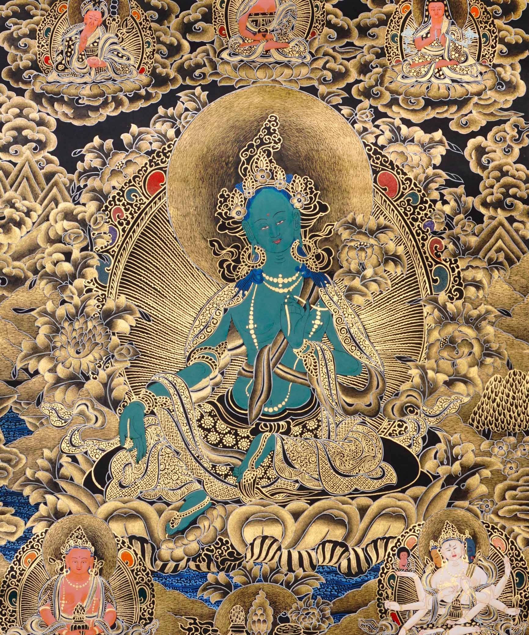 green tara thangka with lotus throne and gold detailing